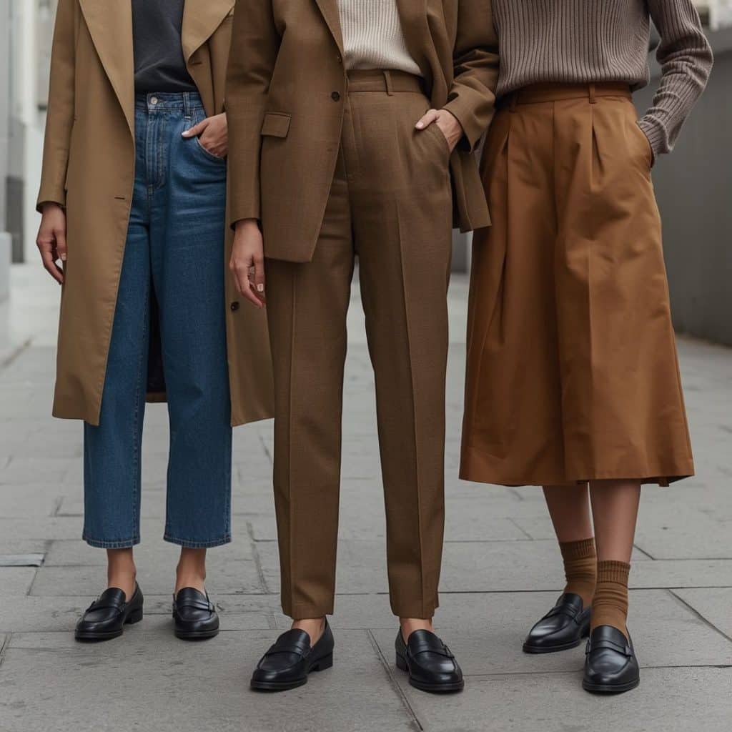 Three fall outfits showing different ways to style loafers