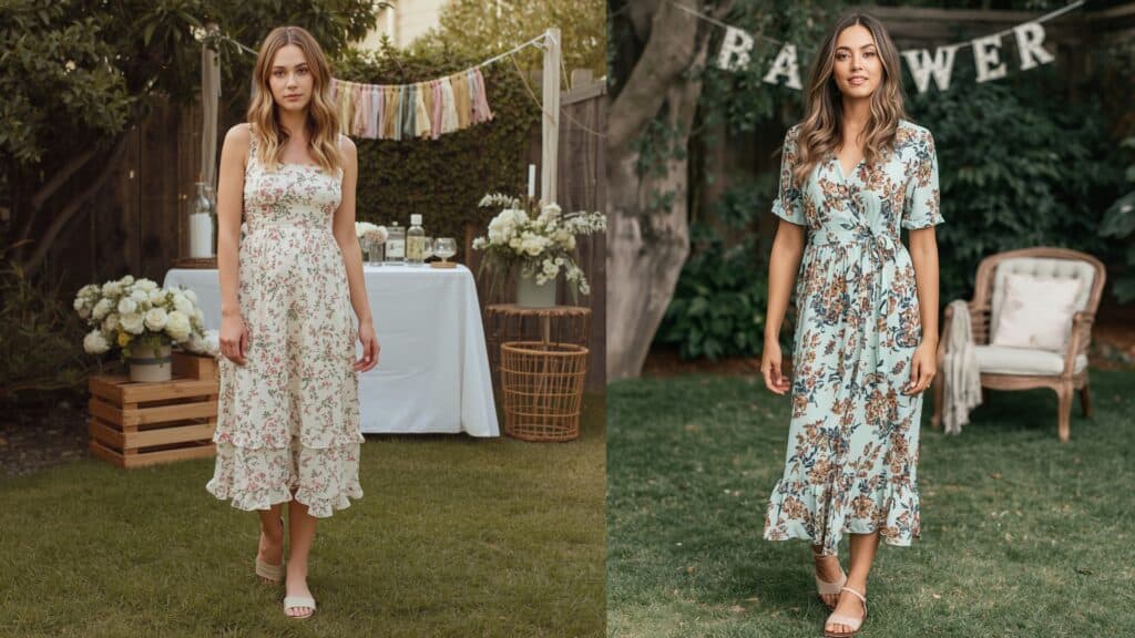 Woman wearing a floral midi dress and flat sandals for a backyard baby shower.