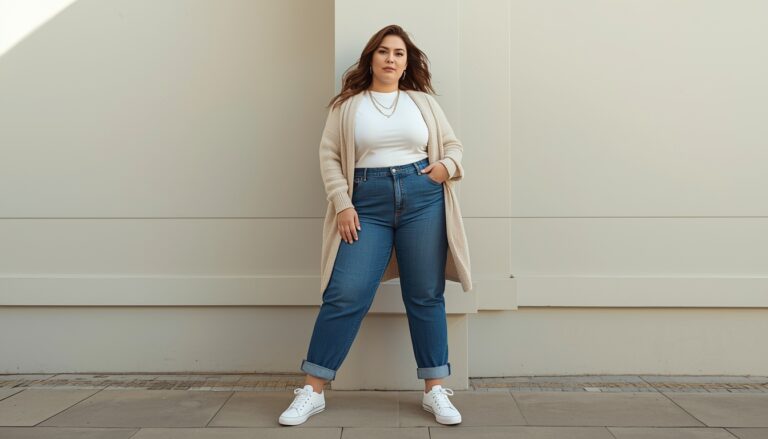 Woman wearing a casual plus size spring outfit with light layers and neutral tones