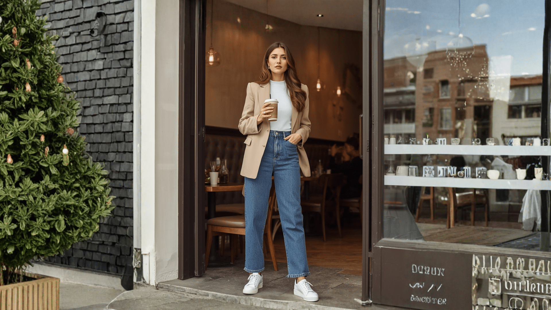 Woman wearing a blazer, white top, straight-leg jeans, and white sneakers for a casual coffee date