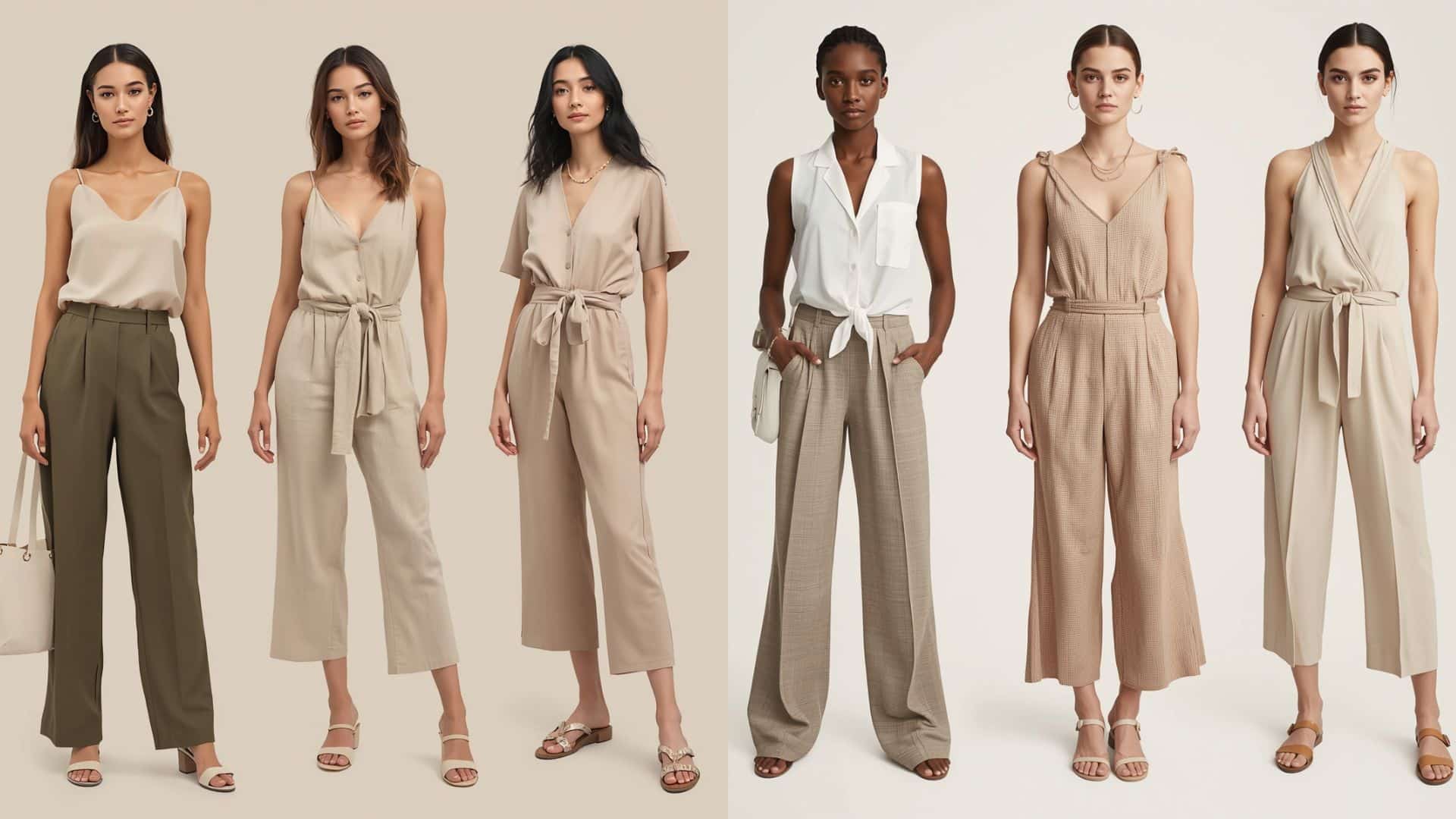 Casual baby shower guest outfit ideas including trousers, jumpsuit, and matching set