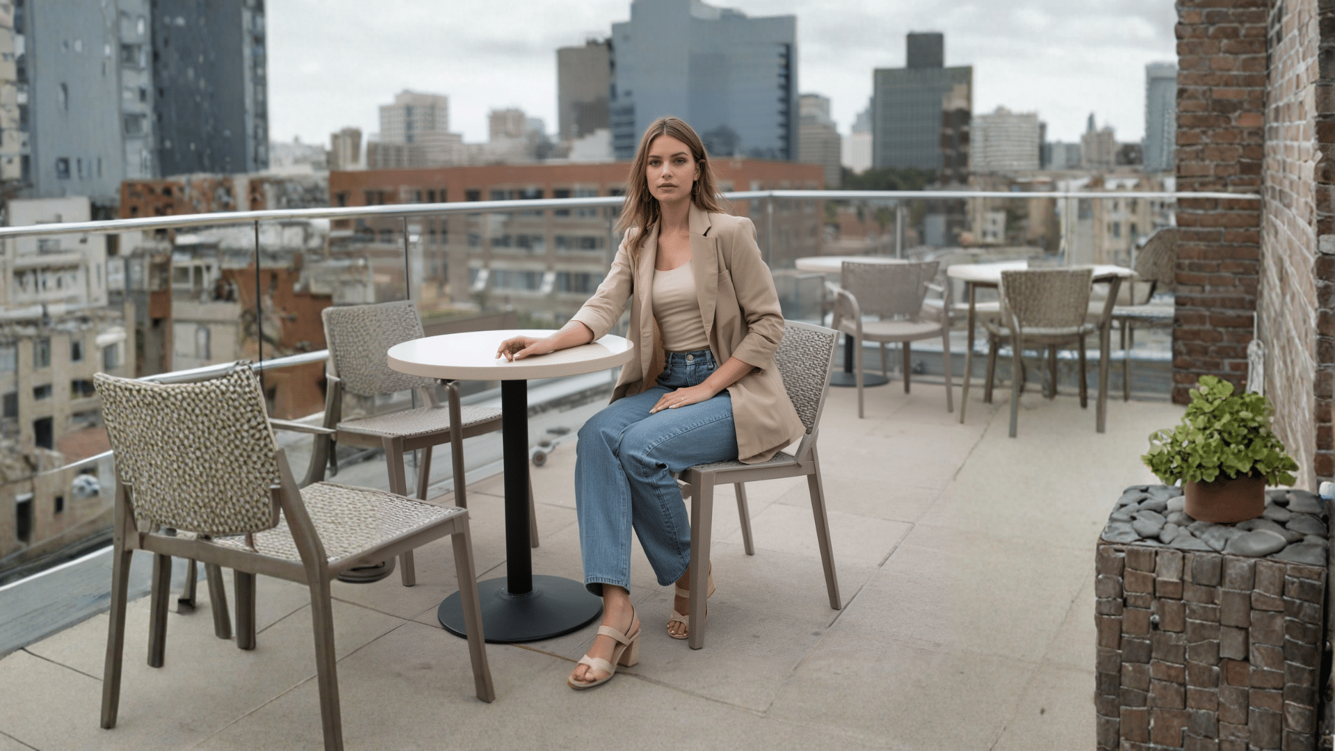 Woman wearing a blazer, tank, straight-leg jeans, and neutral sandals for a rooftop brunch