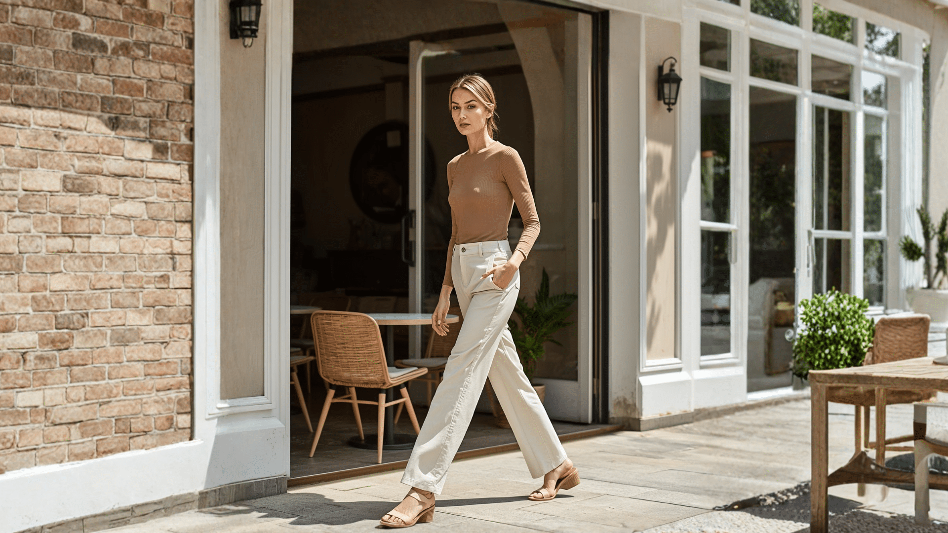 Warm-weather casual coffee date outfit with knit top, relaxed trousers, and neutral sandals