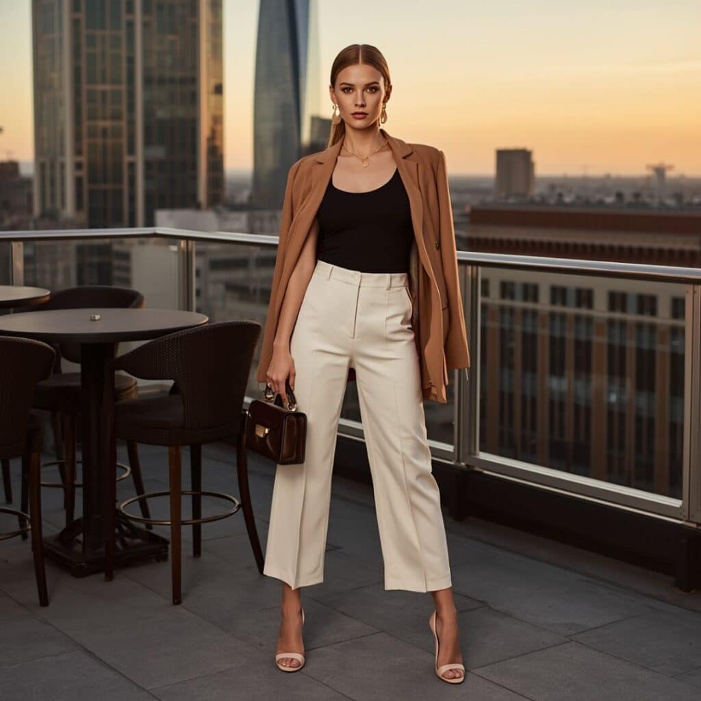 Classy rooftop bar outfit with wide-leg trousers, bodysuit, blazer, and heels.