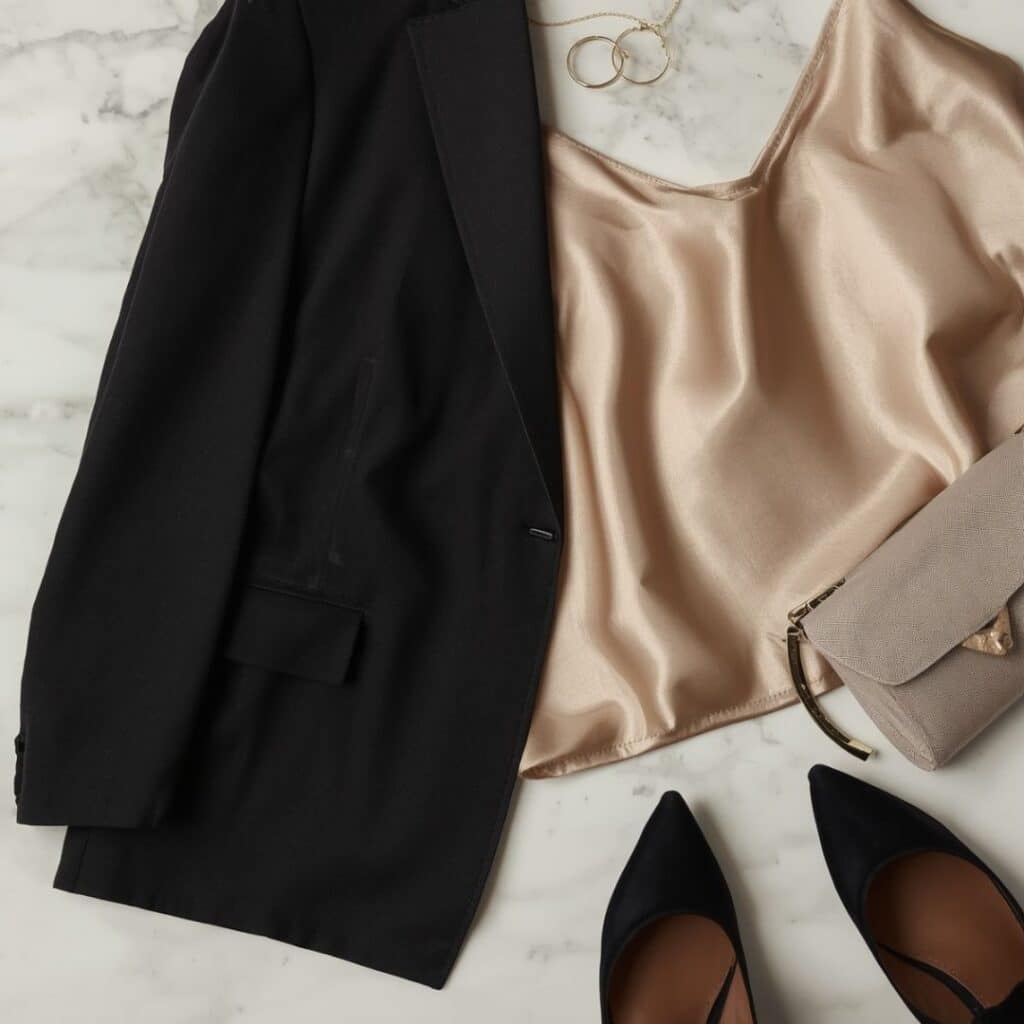 Classy night out outfit details with satin cami, blazer, gold jewelry, clutch, and pointed-toe heels.