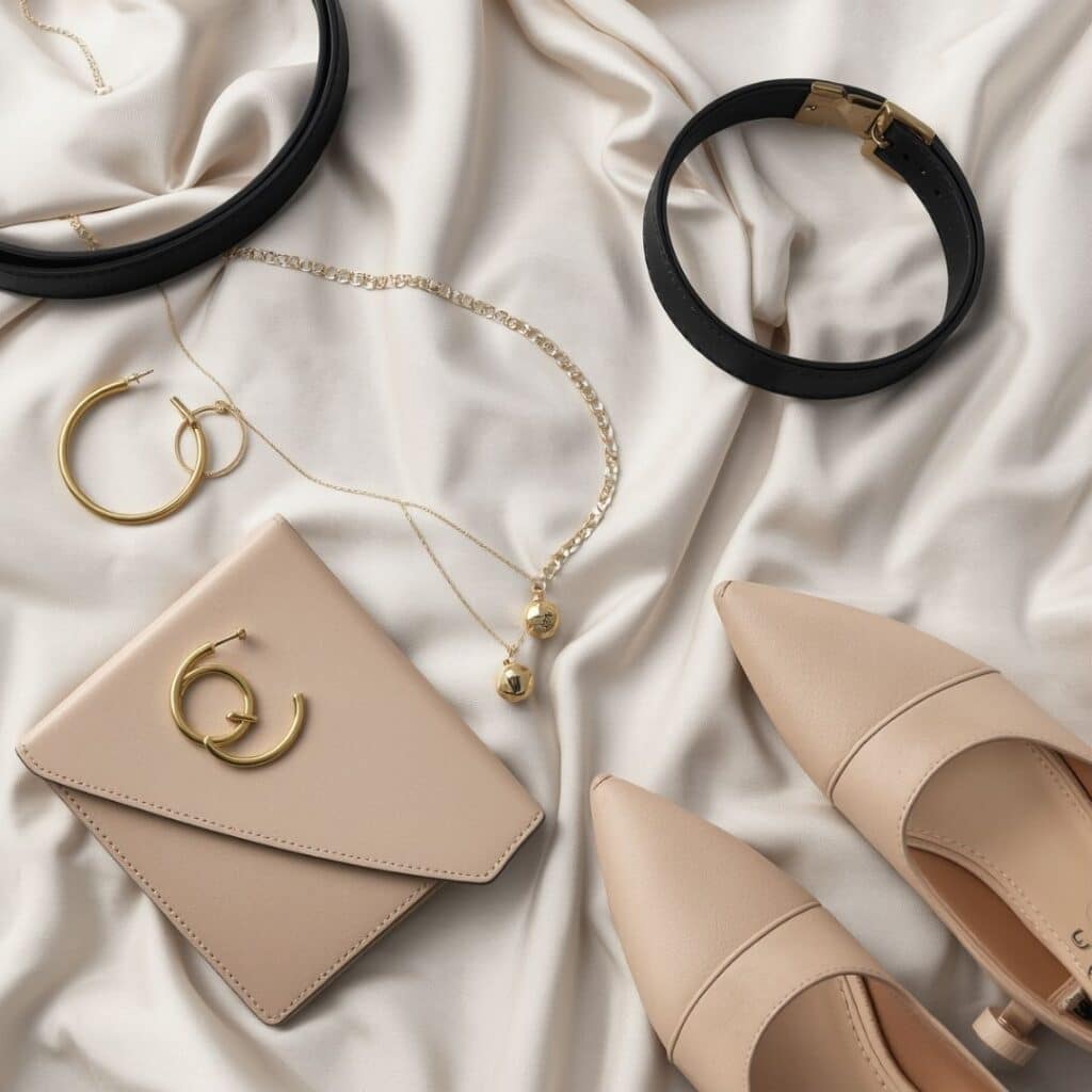 Gold jewelry, clutch bag, belt, and heels for a classy night out outfit.