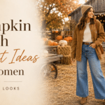 Woman wearing a casual fall outfit with jeans and boots at a pumpkin patch