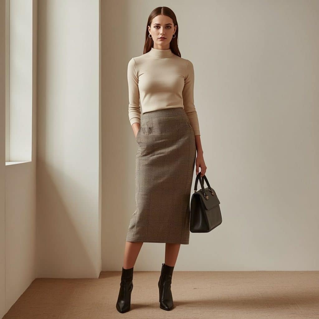 Business casual fall outfit with mock-neck midi skirt and ankle boots