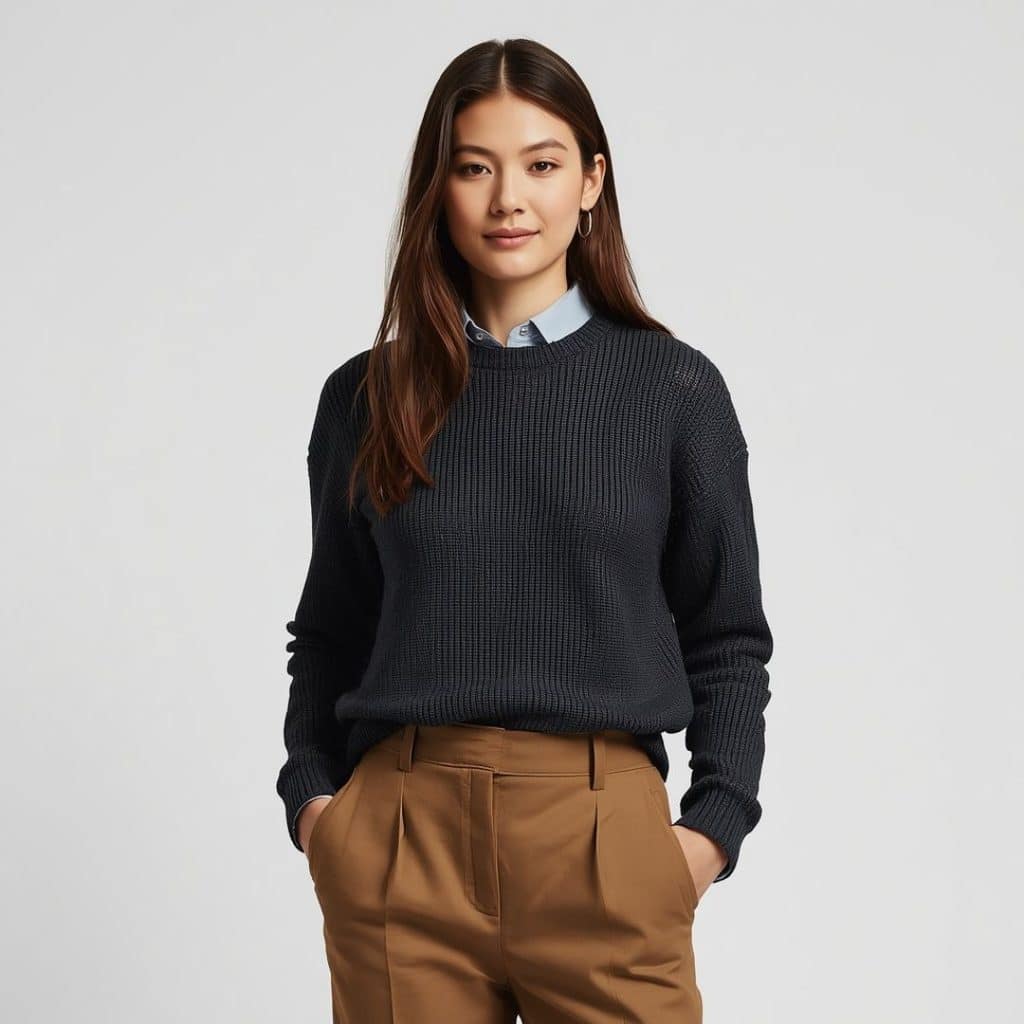 Button-down shirt layered under a crewneck sweater with work trousers