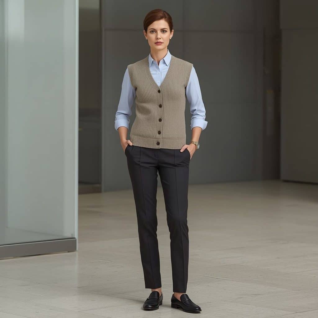 Button-down sweater vest tailored trousers and loafers for fall