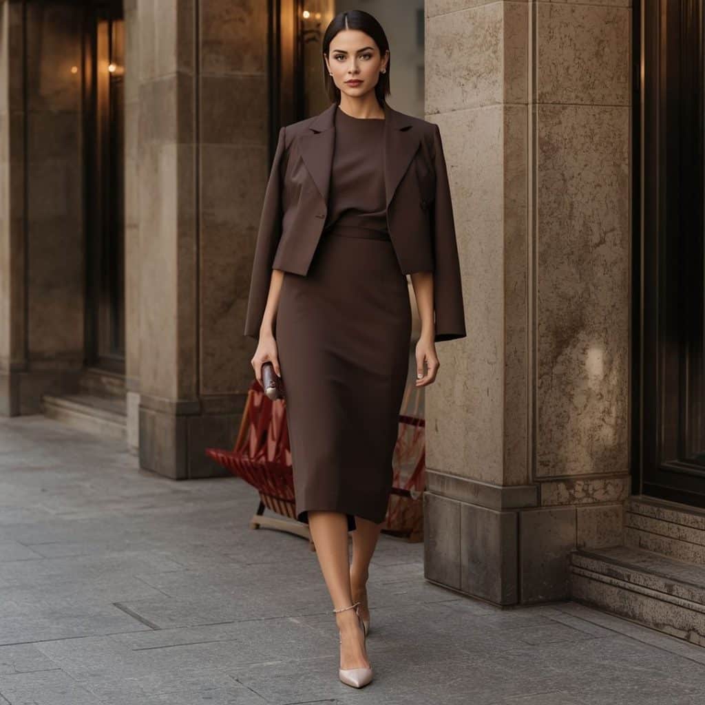 Chocolate midi wedding guest dress with cropped jacket and low heels
