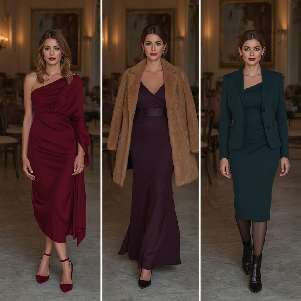fall wedding guest outfits for cold weather: Cocktail semi-formal and formal fall wedding guest outfits