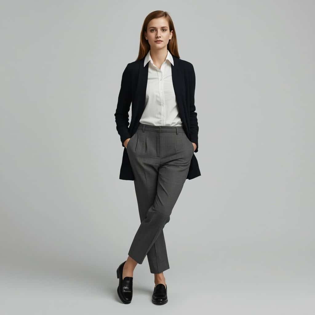 Cold office work outfit with button-down shirt cardigan and tailored trousers