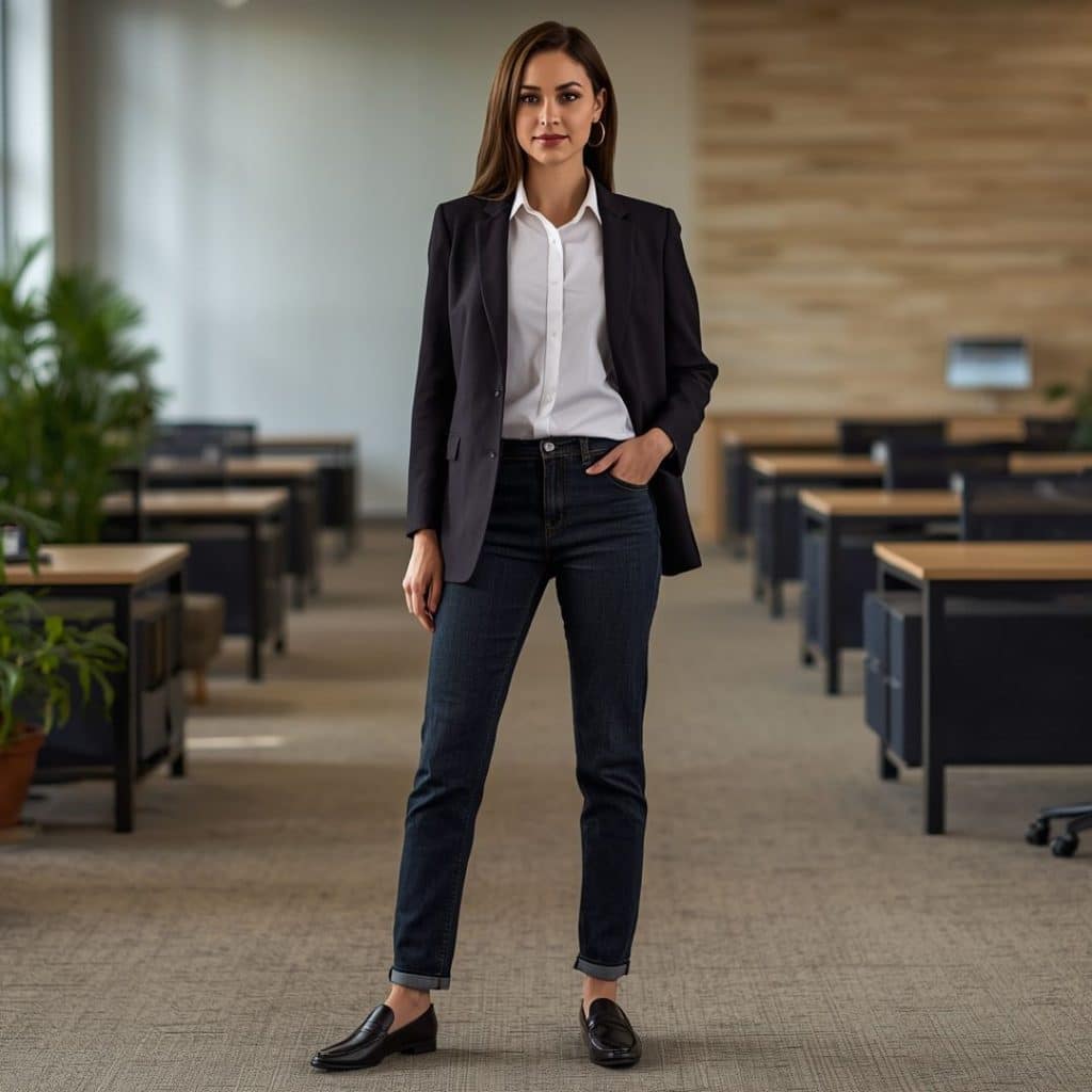 Dark jeans with button-down blazer and loafers in a relaxed office