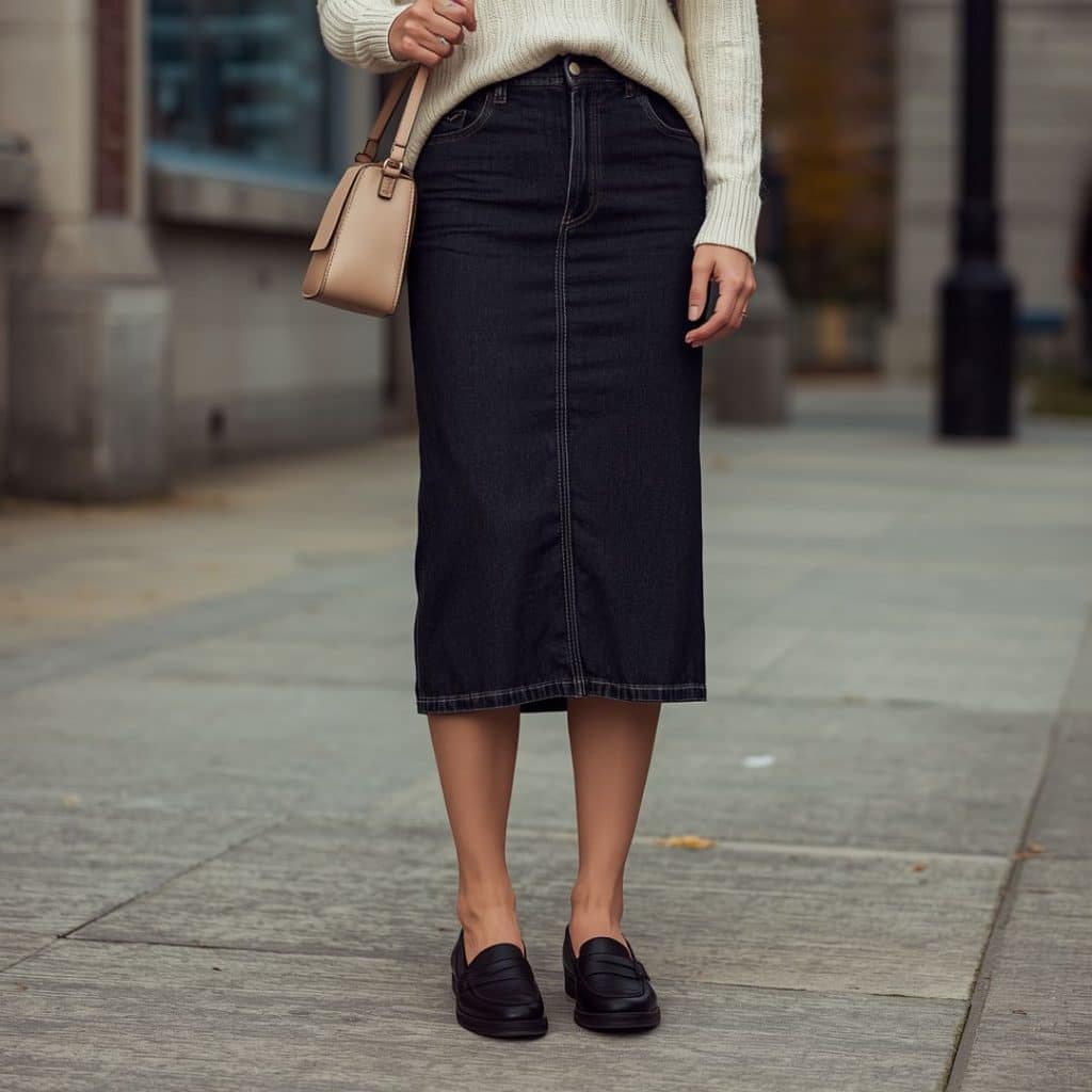 Denim midi skirt with fine knit top and classic loafers