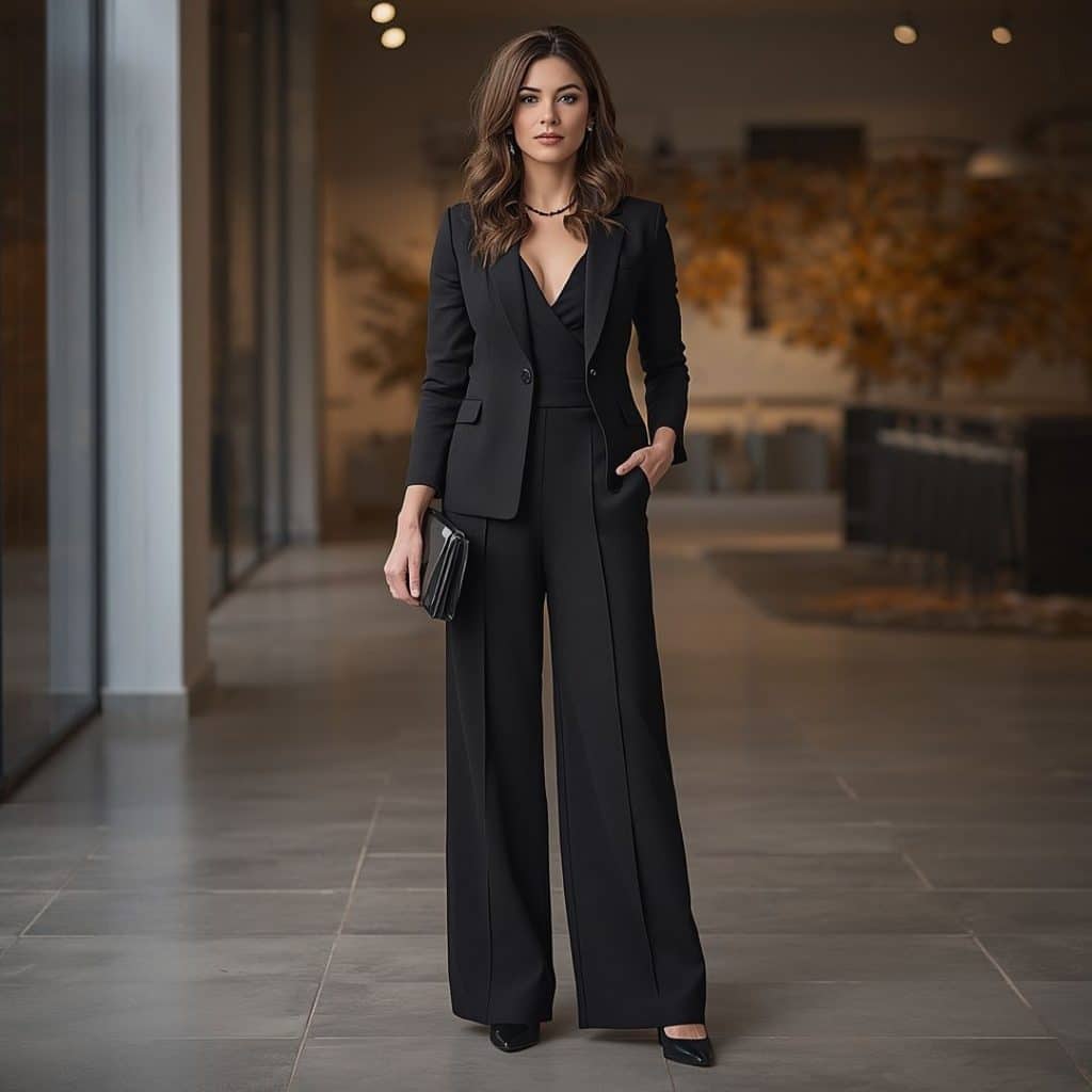 Dressy wide-leg jumpsuit with blazer for a fall wedding