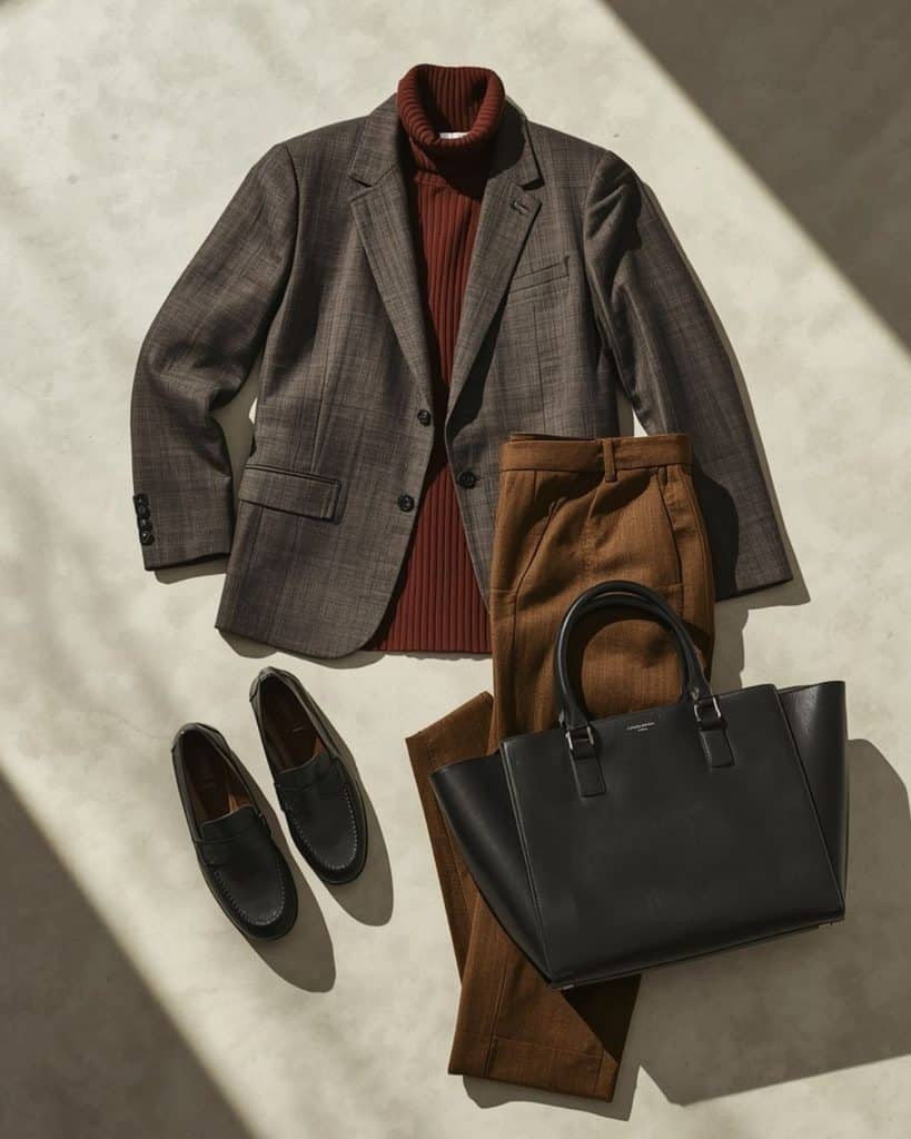 Flat lay of a fall work capsule wardrobe: blazer, turtleneck, trousers, loafers, and tote bag