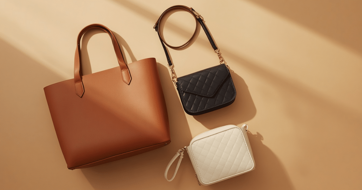 Flat lay of affordable fall handbags for women