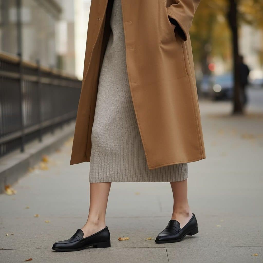 Knit midi dress with trench coat and black loafers