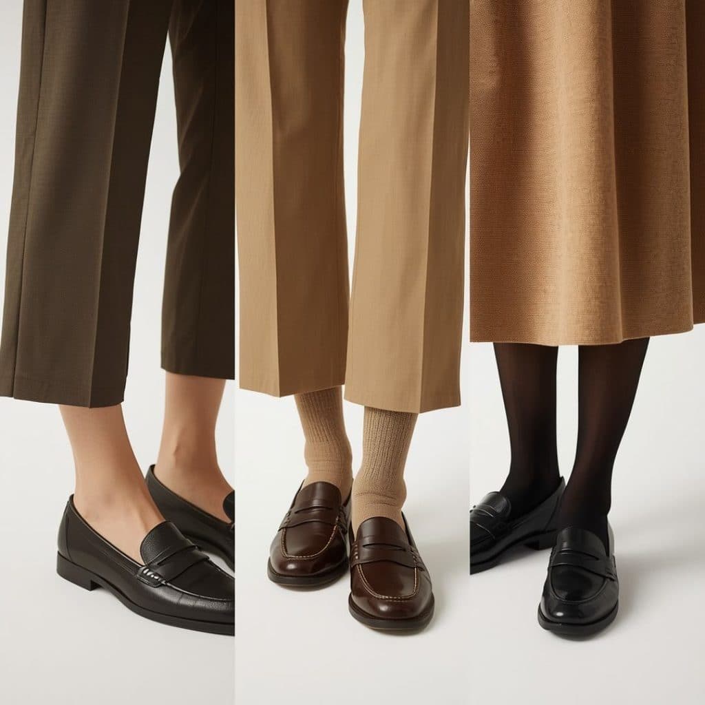 Loafers styled with bare ankles tonal socks and tights for fall