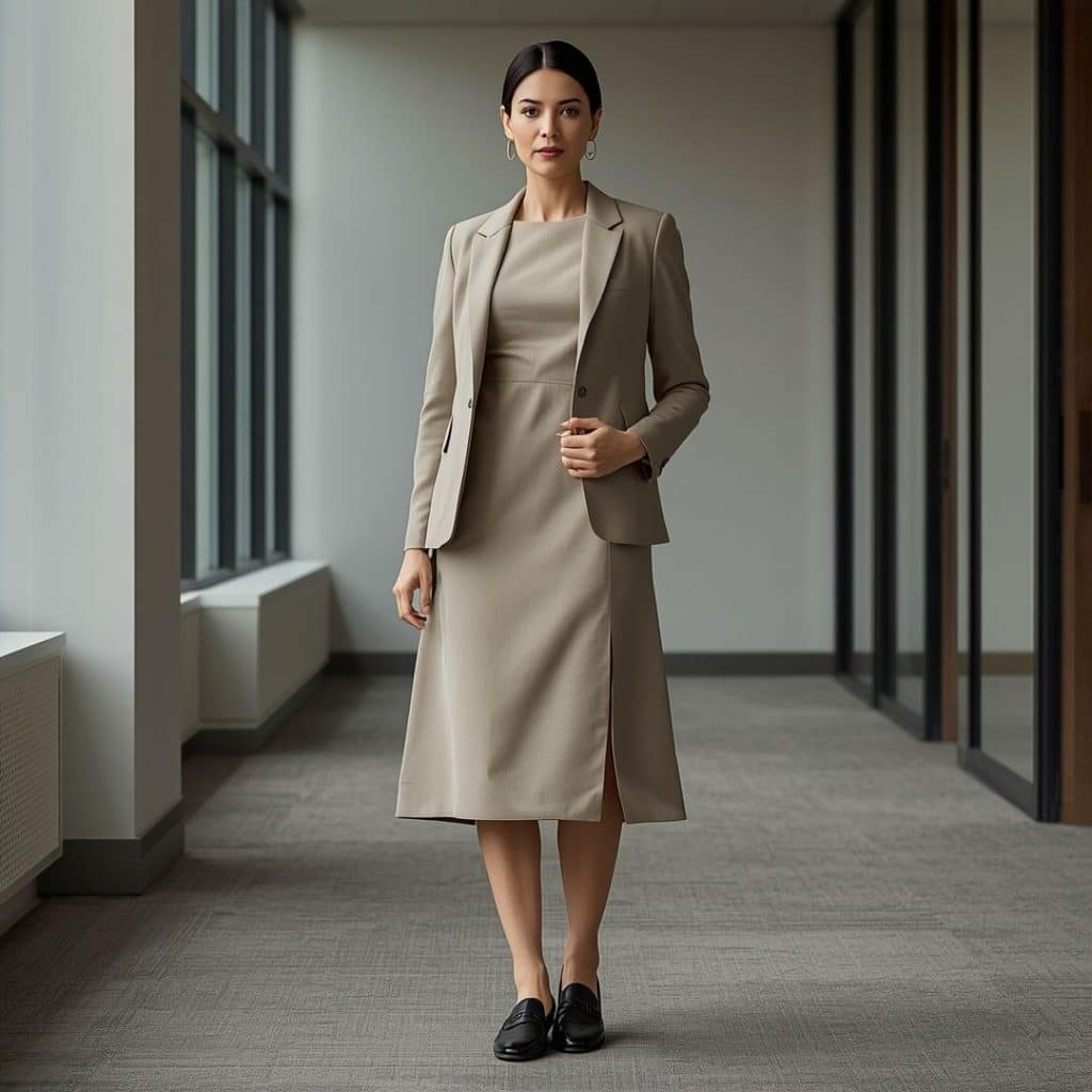 Midi dress with blazer and loafers for a business casual office