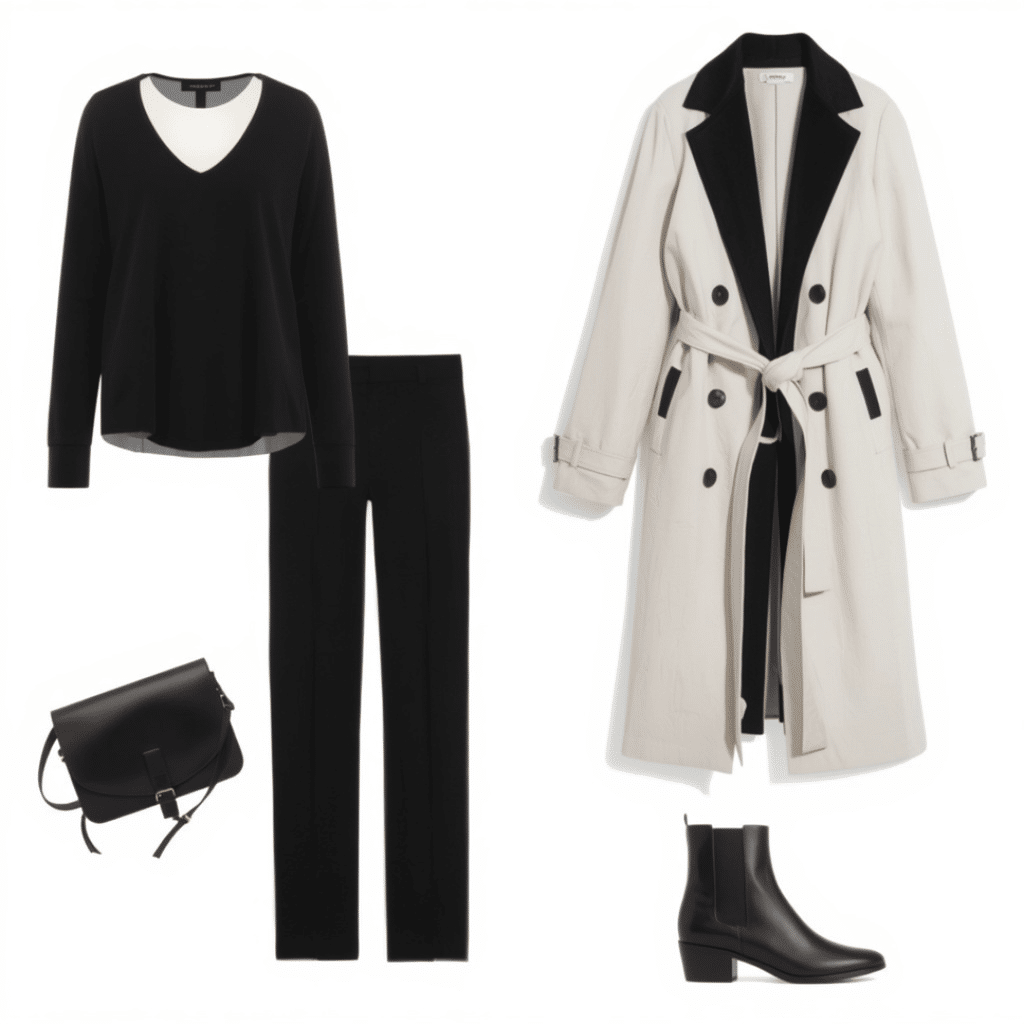 Monochrome fall outfit with a contrasting trench coat