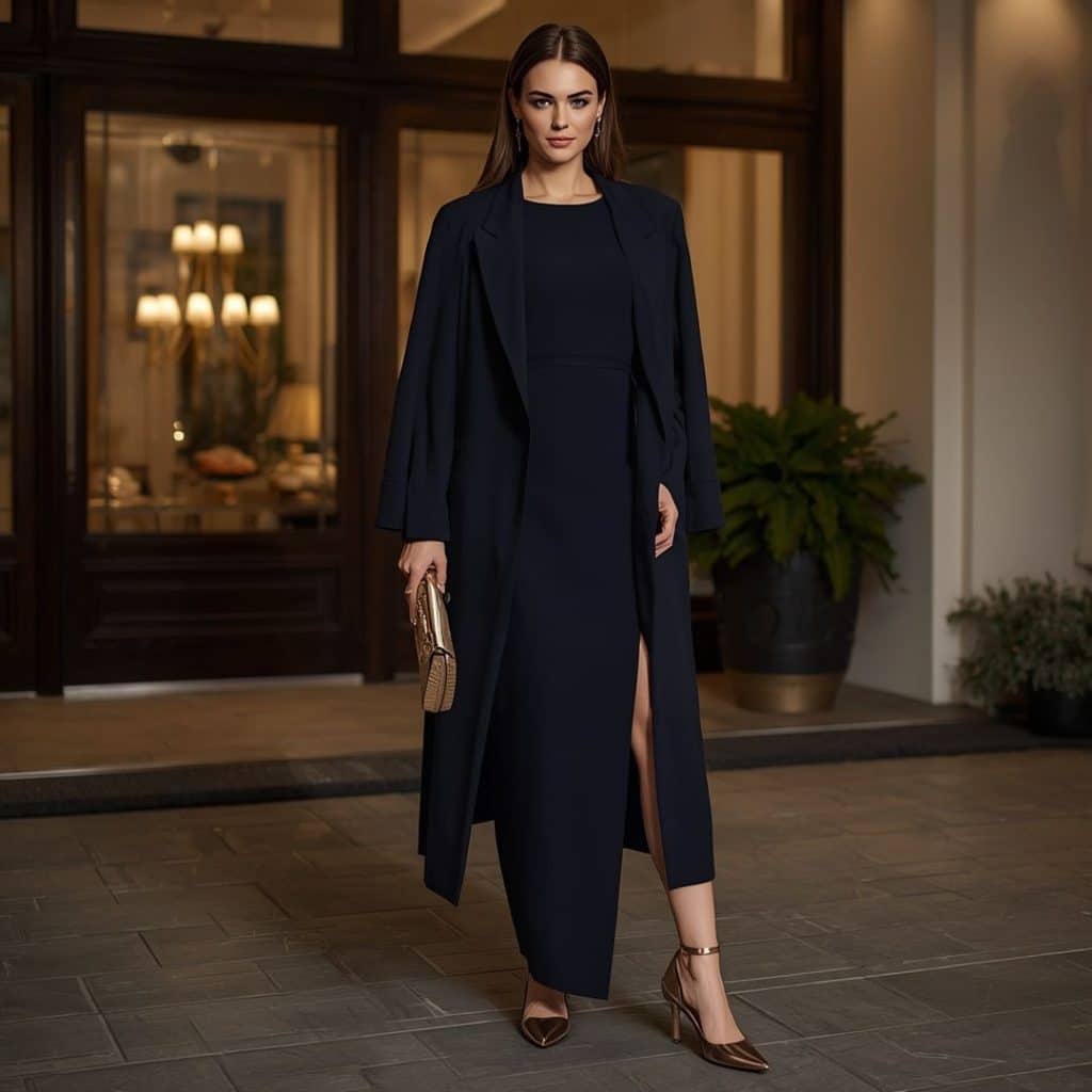 fall wedding guest outfits for cold weather: Navy column dress with tailored coat for a formal fall wedding