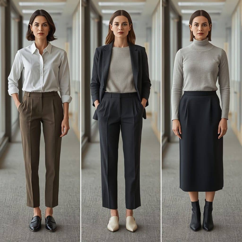 Three fall office outfits built from the same capsule wardrobe