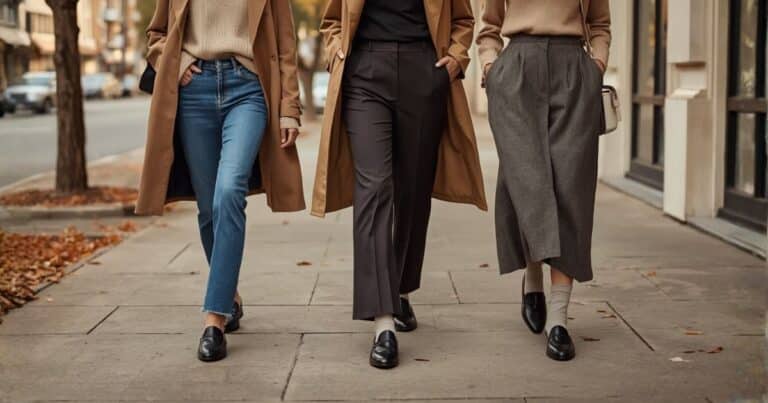 Three women wearing modern fall outfits with loafers women