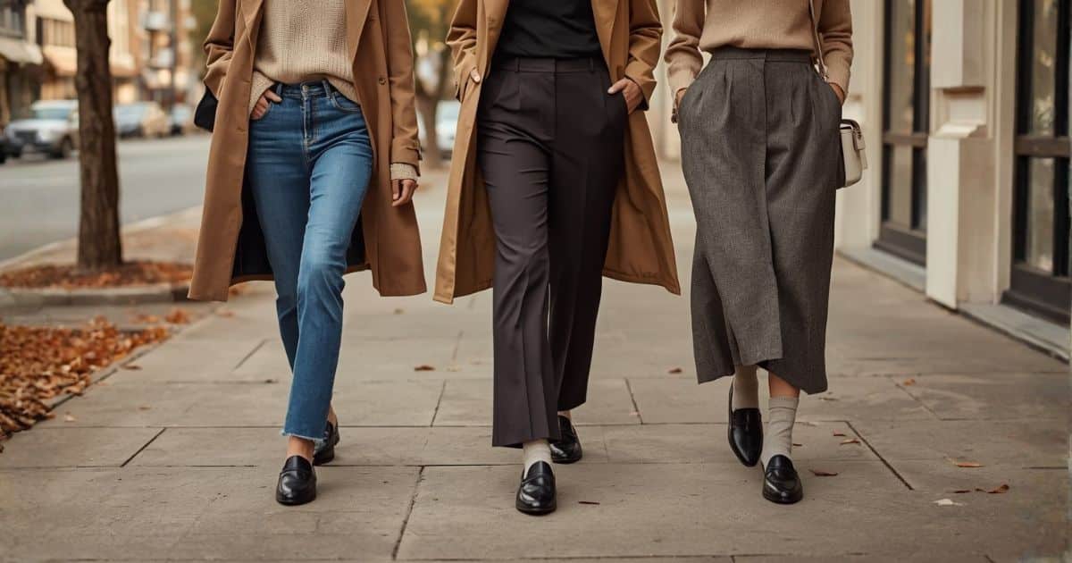 Three women wearing modern fall outfits with loafers women