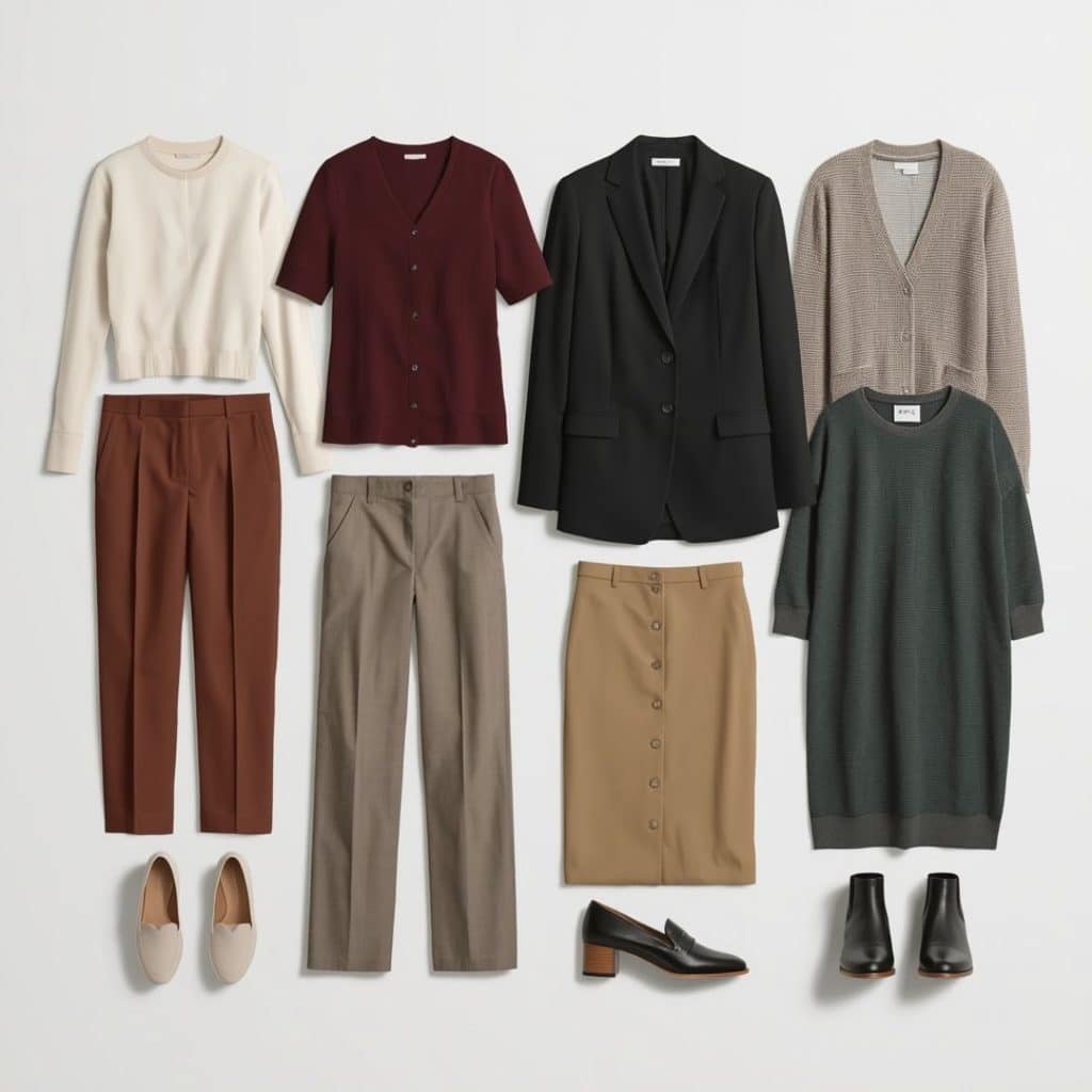 fall work capsule wardrobe for women: Twelve-piece fall work capsule with tops trousers layers dress and shoes