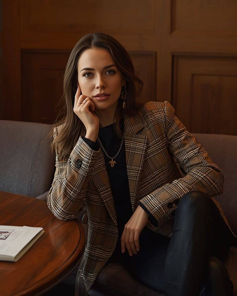 Woman seated at a desk in a fall work outfit with blazer and turtleneck under warm office lighting