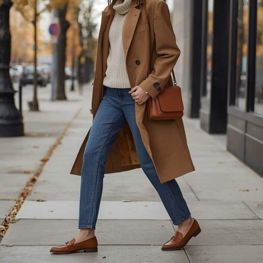 brown handbags under $100: Woman styling a cognac brown handbag with jeans cream sweater and camel coat