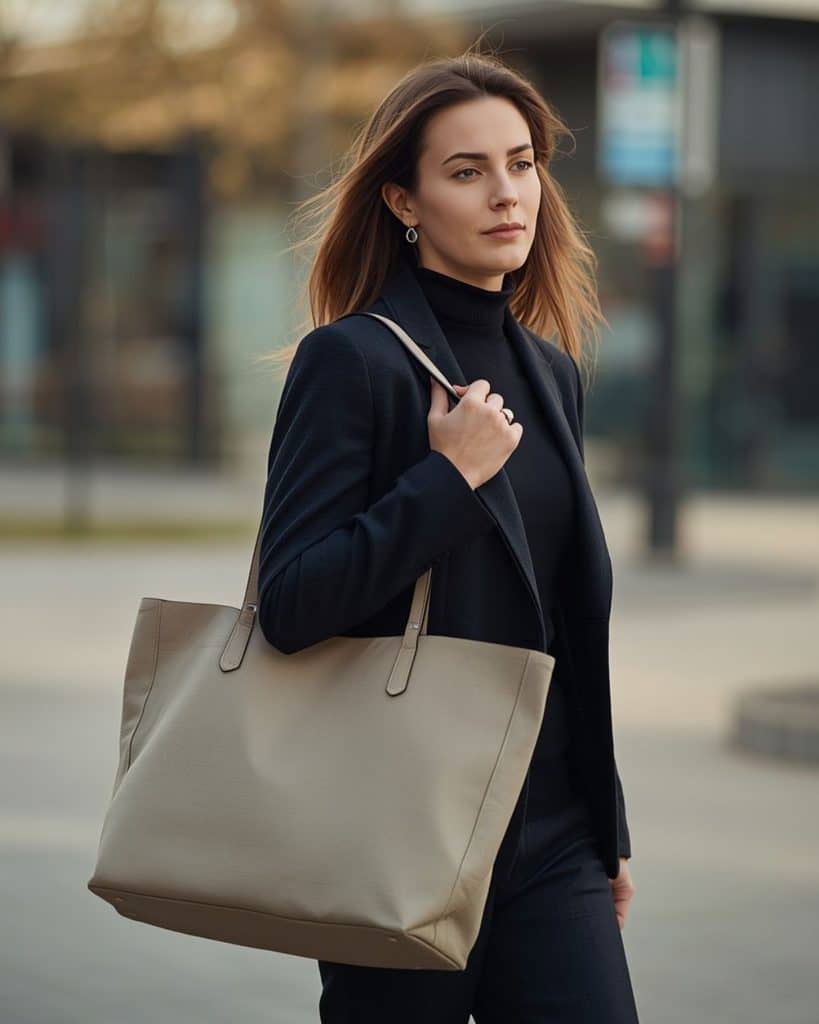 Woman wearing a blazer and turtleneck carrying a leather tote bag during a fall work commute
