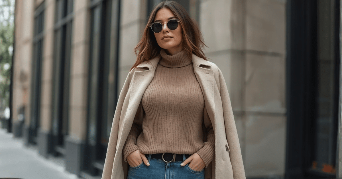 Woman wearing a fitted top, cardigan and trench coat in a layered fall outfit