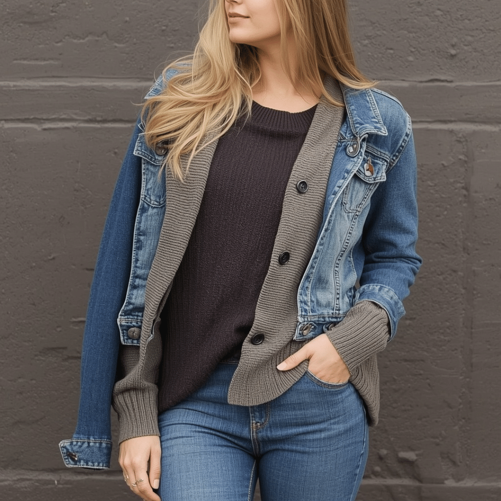 how to layer for fall without looking bulky: Woman wearing a mock-neck, sweater vest and blazer for fall
