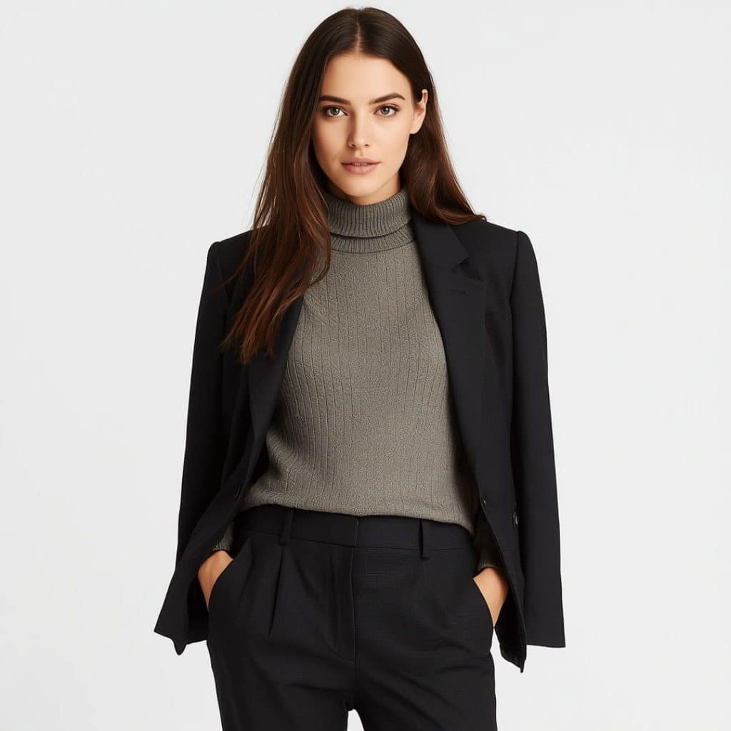 Woman wearing a sweater vest under a blazer for a cold office