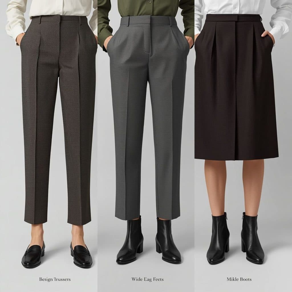 Work trouser and midi skirt hems styled with loafers and ankle boots